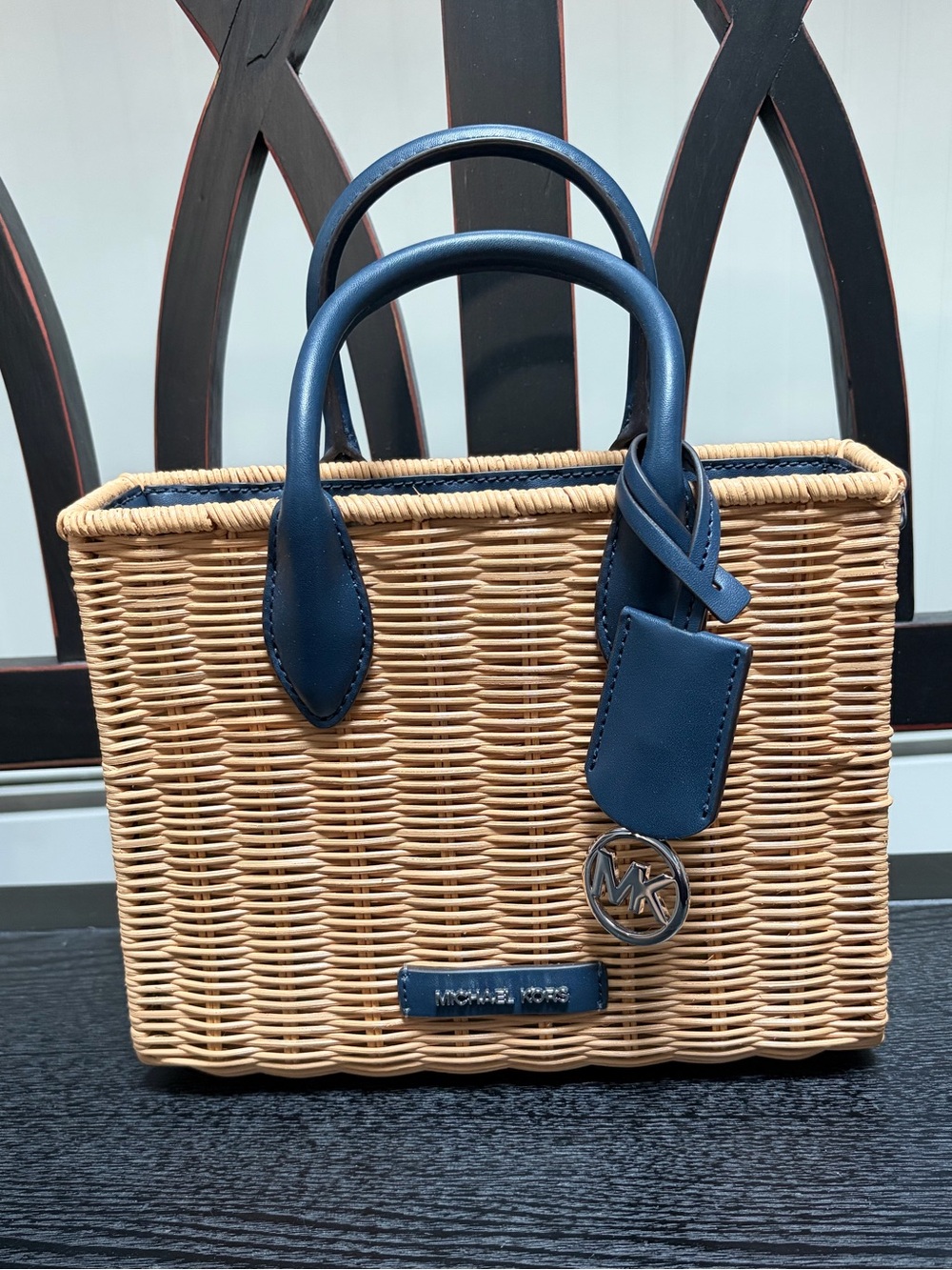 Michael Kors Small Shopper Wicker Crossbody In Navy